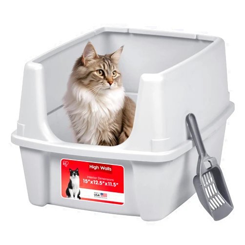 IRIS USA Cat Litter Box Large Open Top with High Sided Walls Tall Scatter Shield Scoop Included Easy Clean Plastic Pan Stain Resistant for Big Cats Kittens Indoor Multi-Cat Households
