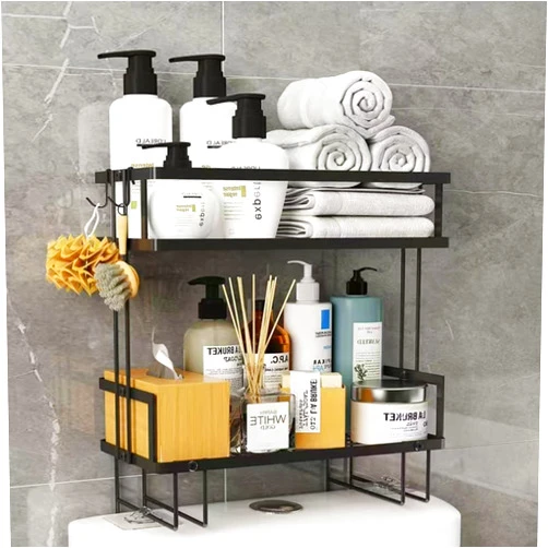 ShellKingdom Over The Toilet Storage Shelf, 2 Tier Toilet Paper Holder Stand Shelves, Punch-Free Bathroom Storage Rack with 2 Hooks, Small Space Organizers for Bathroom, Home, Countertop, Black