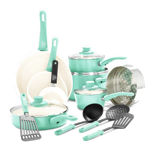 GreenLife Soft Grip 16 Piece Cookware Set, Non-Toxic PFAS-Free Ceramic Nonstick, Pots, Frying, Sauce, Saute, Glass Lids, Stay-Cool Handles, Wobble Free Bases, Dishwasher & Oven Safe, Turquoise