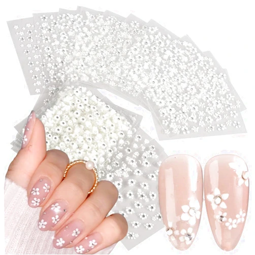 ZRZETREB 30 Sheets White Flower Nail Stickers 3D Self-Adhesive Nail Art Stickers White Floral Nail Decals with Rhinestones Spring Flowers Nail Designs Stickers for Women Manicure Decorations Charms Tips