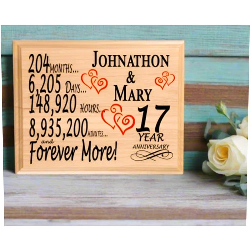 Broad Bay 17th Anniversary Sign Gift Plaque PERSONALIZED 17 Year Wedding Anniversary Present for Wife Husband Couple Him or Her - Solid Maple Wood - Made in the USA - 11in x 8.5in x .75in