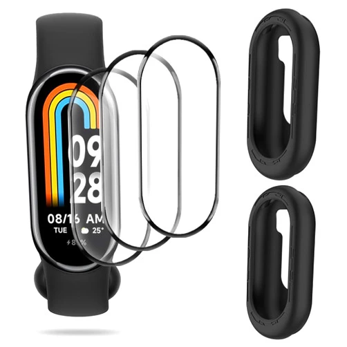 XIN HUA Watch Screen Protector (3+2Pack) Compatible for Xiaomi Mi Band 8,Full Coverage 3D Curved Edge Frame Case Anti-Scratch High Definition PET Film and Silicone Case, Black
