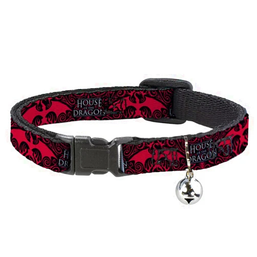 Buckle-Down House of The Dragon Cat Collar, Breakaway Collar with Bell, House of The Dragon with Dragon Icon Black Red White, 8.5 to 12 Inches 0.5 Inch Wide