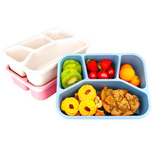 LVYOUIF 3 Pack Bento Lunch Box 4 Compartment Wheat Straw Divided Containers Reusable Meal Prep Lunch Containers for Snack Box Bento Snack Box for Outdoor Travel Office Travel