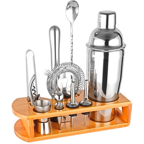 Wukuna Cocktail Shaker Set Bartender Kit : 12-Piece Bar Tool Set with Bamboo Stand | Bar Set with All Practical Bar Accessories, for Drink Mixing, Bar, Home, Lounge & Party (Silver)