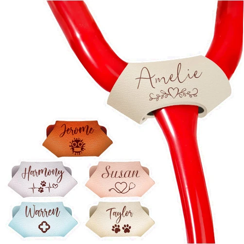 Farmelov Stethoscope Name Leather Tag Personalized,Custom Stethoscope Charms with ID Tag Accessorie Engraved Name Text,Nurses Week Gift for Nurse Doctor Medical Assistant Vet-Beige