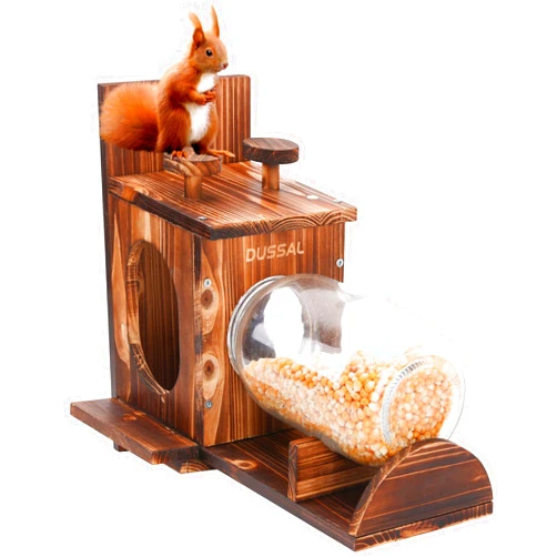 D DUSSAL DUSSAL Large Squirrel Feeder, Wood Squirrel Feeders for Outside Garden Tree, Durable Squirrel House, Wooden Chipmunk Feeder for Corn Peanuts with Removable Storage Bottle, 2 Stable Squirrel Stools