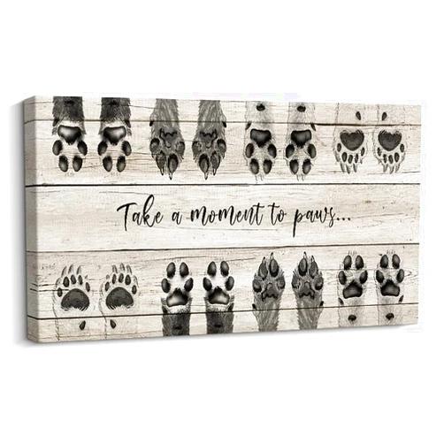ARTINME Dog Lover Sign Wall Decor,Take A Moment to Paws sign Pet Paw Print Artwork Footprints Canvas Wall Art,Framed Animal prints Puppy Gifts for Front Door home decoration (Black)