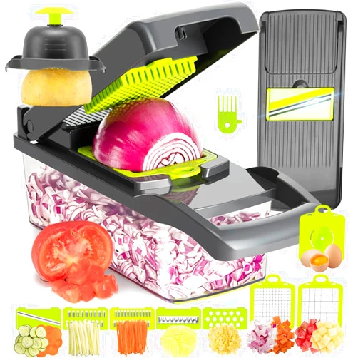 KEOUKE Vegetable Chopper 12in1 Veggie Chopper Slicer Cutter Food Dicer with Container Hand Guard Draining Basket, Grey