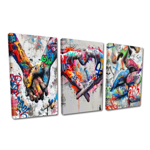 TUMOVO Banksy Street Art Graffiti Hand Pictures Heart Love Paintings Romantic Kiss Artwork for Living Room Gift 3 Pieces Canvas Wall Art Nordic Home Decor Framed Ready to Hang Poster and Prints(42''Wx20''H)