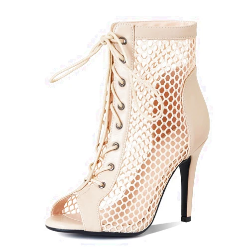 LinnOaks Heeled Sandals for Women Lace up Open Round Toe Stiletto High Heel Sandals Cutout Mesh Gladiator Booties Ladies Dance Heels Evening Party Dress Shoes