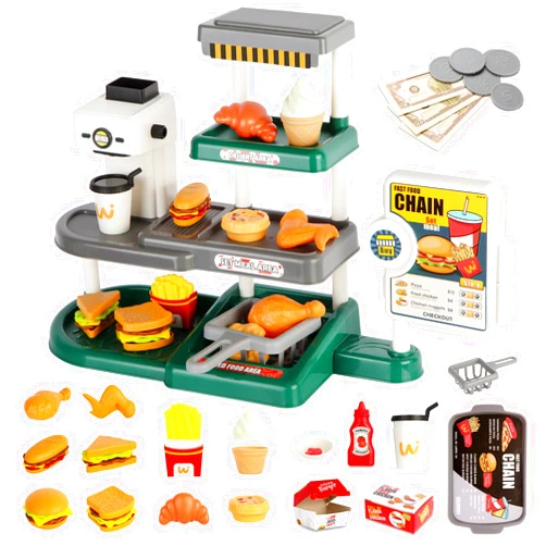 ACROFEK 71pcs Pretend Play Fast Food Toys - Cash Registerfor Kids,Perfect Mini Toy Food Set for Kids Kitchen,Play Food for Kids Ages 3 4 5 6 7 8 Boys and Girls (Green)
