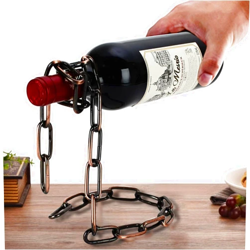 YHan Novelty Magic Wine Bottle Holder - Floating Steel Link Chain Wine Bottle Holder for Wine Lovers, Holds Bottles in The Air, Perfect Wine Accessory (Brown)