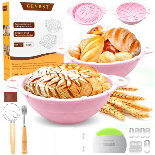 Gevbst 2 Pack Sourdough Bread Baking Supplies Set: Banneton Proofing Basket, Silicone Bread Baking Basket, 9 Inch Collapsible Bowl, Complete Tools Kit for Sourdoughs,Pink Proofing Baskets for Bread Making