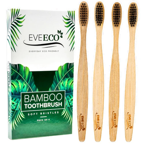 EveEco 4 Count I Bamboo Toothbrush I Soft Bristles Best for Sensitive Gums I Charcoal I Vegan I Natural Wood I BPA Fee I Recyclable I Compostable I Biodegradable | Environmentally Friendly