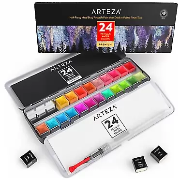 Arteza Metallic Watercolor Paints, Set of 24 Half Pans, Pearl Paint, Vibrant and Pearlescent Hues, Includes Storage Tin & Water Brush, Art Supplies for Illustrations, Calligraphy, Painting Pack 24 Metallic