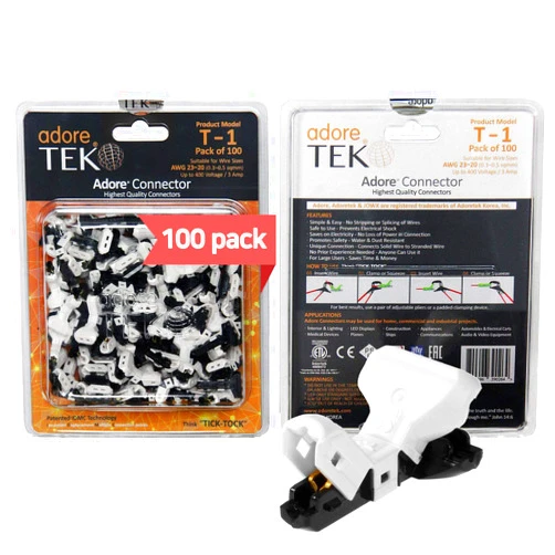 Adoretek T-Type Wire Connector [T-1] NO Need to Peel NO-Splice NO-Tape and Water Resistant Easy Fast and Safe Electrical Insulated Wire Terminals AGW 23~20(0.3-0.5 sqmm) 3A [100 PCS]