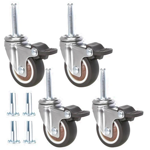 JGJC 2 inch Stem Rubber Caster Wheels, Swivel Casters Set of 4 with Brake, Ball Bearings Castor Wheels for Furniture with Sockets, 5/16