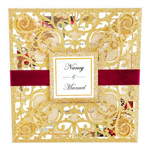 DreamBuilt 6.3 X 6.3 Inch 50PCS Blank Dark Gold Glitter Laser Cut Wedding Invitations With Envelopes Hollow Rose Pocket With Burgundy Ribbon Belly Band Wedding Invitation Cards For Wedding Invite