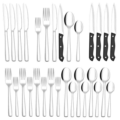 Hiware 24-Piece Silverware Set with Steak Knives, Stainless Steel Flatware Cutlery, Mirror Polished Utensils Set for 4, Includes Forks Spoons Knives Silverware, Dishwasher Safe