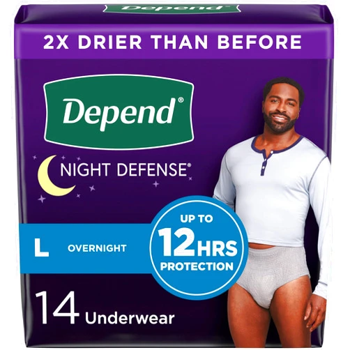 Depend Night Defense Adult Incontinence Underwear for Men, Disposable, Overnight, Large, Grey, 14 Count, Packaging May Vary