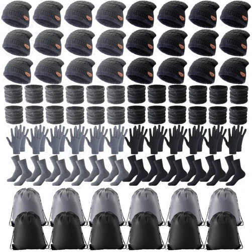 Liitrsh 120 Pcs Winter Hats Gloves Sets Bulk for Homeless Winter Beanies Gloves Neck Warmer Socks Fleece Lined Knit Skull Cap Scarf Drawstring Bags for Unisex Homeless Women Men Cold Weather