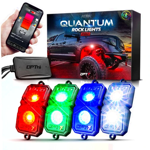 OPT7 Quantum Pro RGBW LED Rock Lights with Bluetooth APP Control, 4 Pods Wide Angle Multicolor Neon Underglow Lighting Kit with Extension Wire, IP68 Waterproof for Offroad Truck Jeep RZR ATV UTV SUV