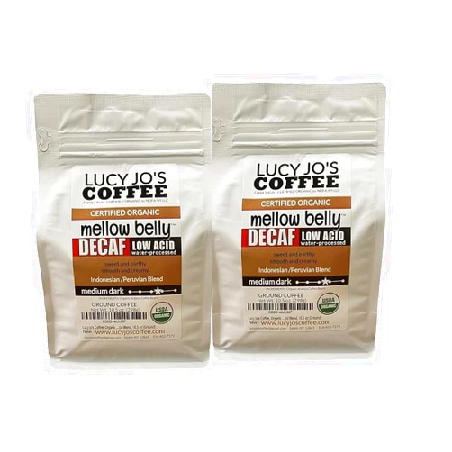 Lucy Jo's Coffee, 2 PACK, Organic Decaf Mellow Belly Low Acid Blend, Medium Dark, Ground, 2 10.5 oz bags