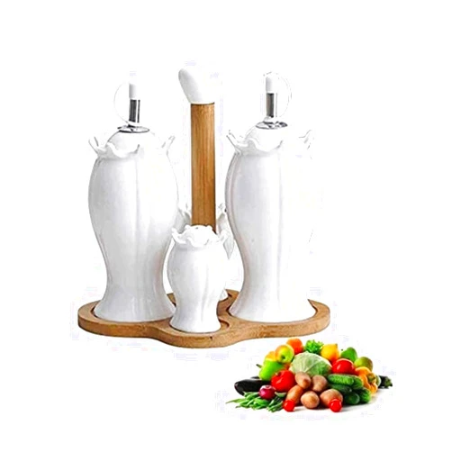 ATMRC Oil and Vinegar Dispenser Oil Vinegar Dispenser Salt Pepper Bottle Set with Wooden Stand,Salt and Pepper Shakers Seasoning Bottle Pot Kitchen Cooking