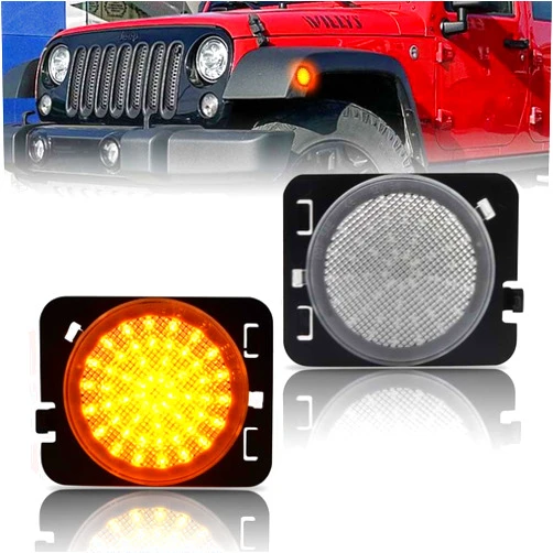 OFFKAT Front Fender LED Side Marker Lights for 2007-2019 Je-ep Wrangler JK, JK Clear Lens Side Bumper Marker Lamps, [Ultra-Bright] Amber LED Side Markers Turn Signal Lights, 2 PCS