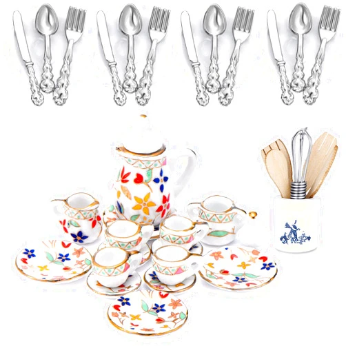 Skylety 37 Pieces 1:12 Scale Miniatures Dollhouse Kitchen Accessories Include 16 Mini Doll Plates Knife Fork Spoon, 6 Mini Egg Beater Utensil, 15 Mini Tea Cup Set for Doll Toy Supplies (Flora Bloom)