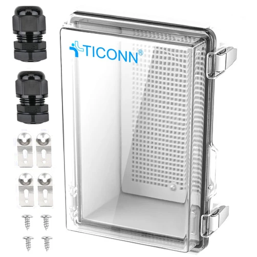 TICONN Outdoor Electrical Box Waterproof, Junction Box IP67 ABS Plastic Enclosure with Hinged Cover with Mounting Plate, Wall Brackets, Cable Glands (Clear, 8.7