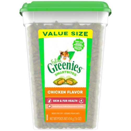 Greenies Feline Smartbites Skin & Fur Health Crunchy and Soft Textured Adult Natural Cat Treats, Chicken Flavor, 16 oz. Tub