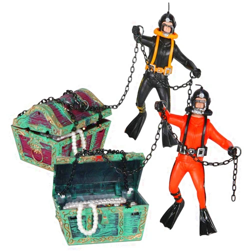 TEHAUX 2pcs Aquarium Treasure Chest Diver Fish Tank Landscape Ornament Decoration (Black and Orange) Aquarium Tank Landscaping Decoration