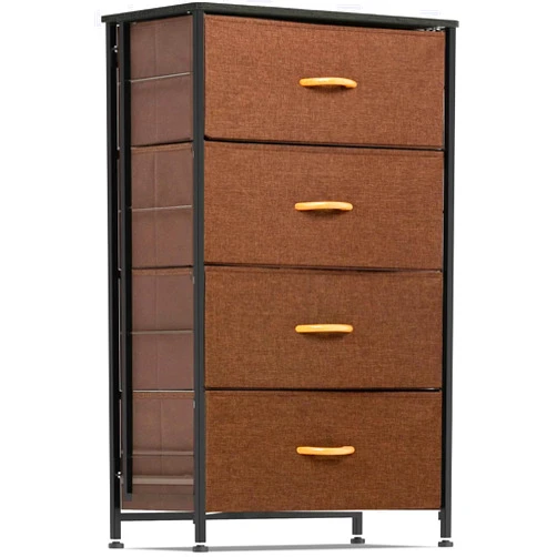 WAYTRIM Dresser Storage Tower, 4 Fabric Organizer Drawers, Wide Chest of Drawers for Closet Boys & Girls Bedroom, Bedside Furniture, Steel Frame, Wood Top, Fabric Bins, Easy installation (Brown)