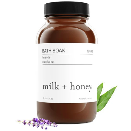 Milk + Honey Calming Bath Soak No. 8 – Moisturizing Epsom Salt with Lavender & Eucalyptus – Relaxing Aromatherapy Soak for Sore Muscles, Dry Skin & Stress Relief – 10 oz
