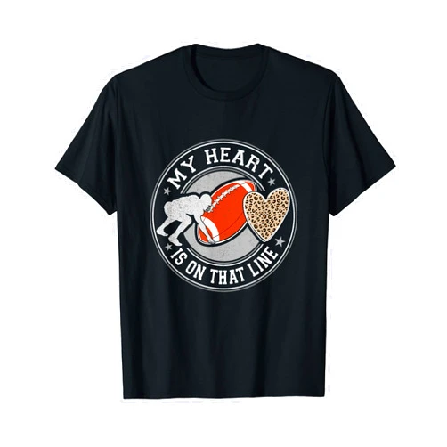 Funny Football Lineman Mom Leopard Mothers Day Tee My Heart Is On That Line Offensive Lineman Mama Football Mom T-Shirt