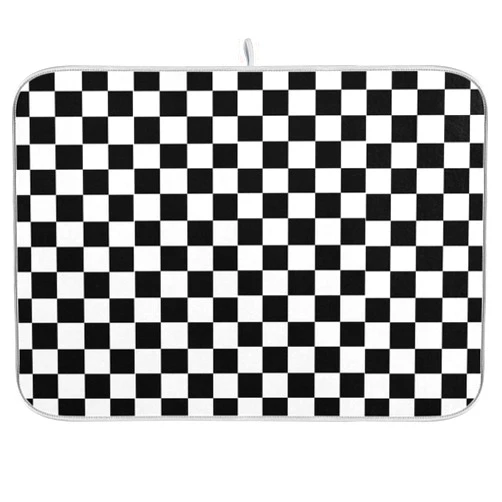 ZzWwR Modern Black White Racing Flag Checks Pattern Absorbent Dish Drying Mat Microfiber Kitchen Countertop Table Protector Multi-Purpose Counter Rack Sink Drainer Pad (16