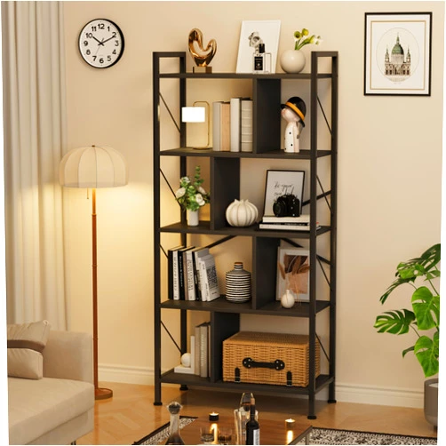 IDEALHOUSE 5 Tier Bookshelf with Storage, 61 Inch Tall Industrial Book Shelf with Open Display Bookshelves, 5 Shelf Bookcase with Metal Frame for Living Room, Bedroom and Home Office-Black
