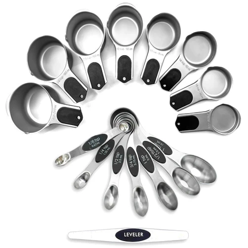 Wuzzox Magnetic Measuring Cups & Spoons Set of 17, 8 Heavy Duty Stainless Steel Measuring Cups & 7 Double-Sided Spoons + 1 leveler, Stackable Kitchen Gadgets for Baking & Cooking, Black