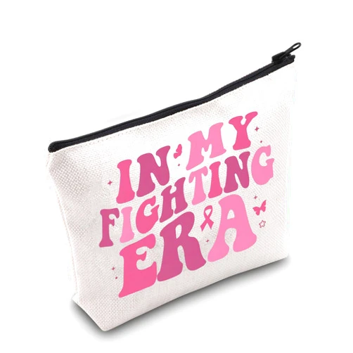 BLUPARK Breast Cancer Warrior Makeup Bag Groovy Breast Cancer Awareness Gift Pink Ribbon Zipper Bag Breast Cancer Survivor Gift Cancer Fighter Bag (Fighting Era)