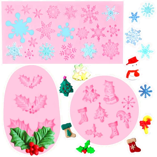 Ywzbomoldrm Christmas Snowflake Fondant Silicone Molds 3 Pcs, Christmas Holly Leaf Sock Walking Stick Chocolate Mold for Cake Decoration Candy Sugar Cupcake Topper Polymer Clay Crafts