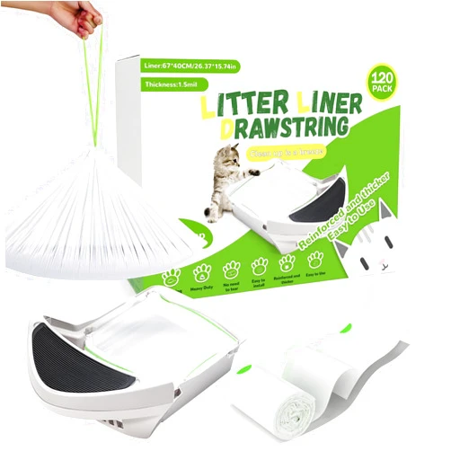 Rong Hap Cat Litter Box Liners Large: 120 Packs Litter Waste Bags, 1.5 Mils Thick Drawstrings Closure Waste Bags Large Size, Cat Litter Liners for All Cats To Keep Your Home Clean, 26