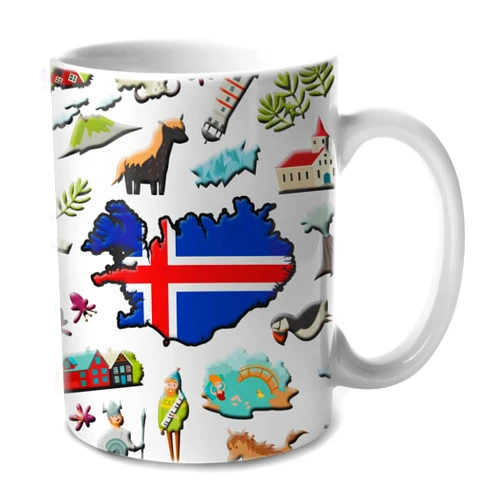 Lotacy Iceland Symbols Coffee Mug With Map Flag, Iceland Flag Ceramic Mug 11 oz Coffee Mug, Iceland Souvenir and Gifts, Gift Idea for Icelander Men and Women