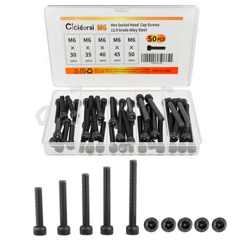 Cicidorai M6 x 30mm 35mm 40mm 45mm 50mm Hex Socket Head Cap Screws Bolts, 12.9 Grade Alloy Steel, Black Oxide Finish, Fully Threaded, Metric Allen Hex Drive, Assortment Kit 50Pcs