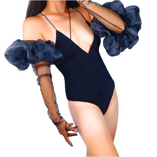 DooWay Women Extra Long Opera Gloves Puff Sleeve Oversize Silk Ruffle Cuff Fancy Evening Wedding Mesh Gloves