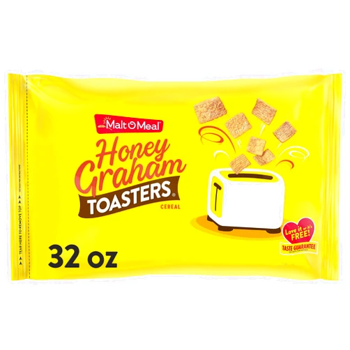 Malt-O-Meal Honey Graham Toasters Breakfast Cereal, Honey Graham Cereal Squares, Super Size Bagged Cereal, 32 OZ Resealable Cereal Bag