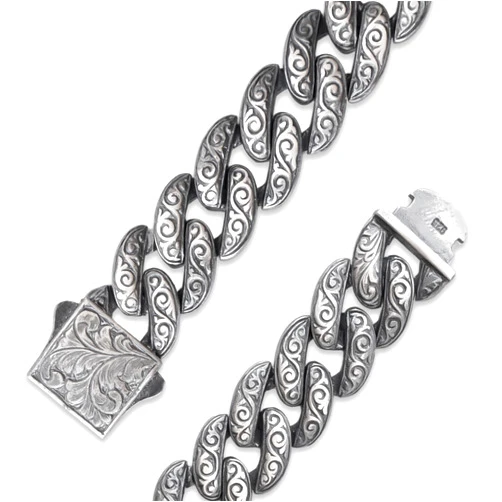 Mia Silver Studio Men’s 925 Sterling Silver Engraved Cuban Link Bracelet – Oxidized Antique Finish, Heavy Solid Silver Hand Chain with Floral Baroque Pattern, 12mm – Handmade Jewelry Gift for Men