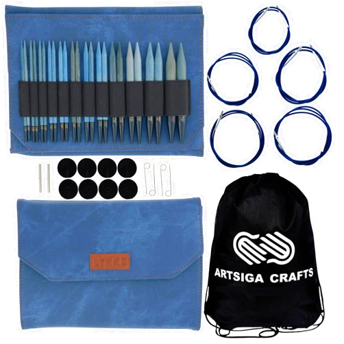 Lykke Indigo 5 in. Complete Set US 4, 5, 6, 7, 8, 9, 10, 10.5, 11, 13, 15, 17 Interchangeable Circ. Knitting Needles for DK, Worsted, Super Chunky Yarn, Birch, 5 Cords, Azure DM Case, Project Bag