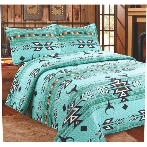 Western Linen 3 Piece Turquoise Western Bull Skull Native Tribal Dream Catcher Feather Artisan Southwestern Boho Design Quilt Bedding Set with Shams